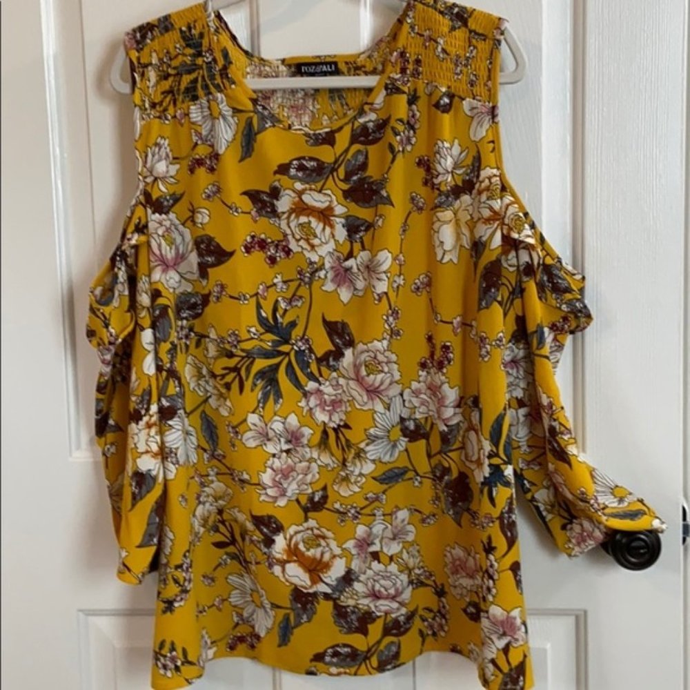 Cold shoulder top with smocking & flutter details